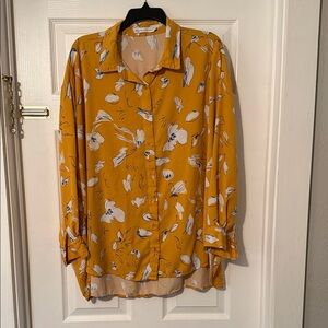 Flowy Mustard Yellow Floral Button-Front Blouse